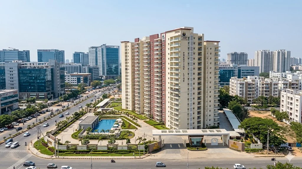 Exterior view of premium luxury apartments by Prestige Group located in the bustling IT hub of Hitech City, Hyderabad